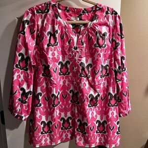 Talbots NWT Pink and Green Popover Blouse with Mandarin Collar